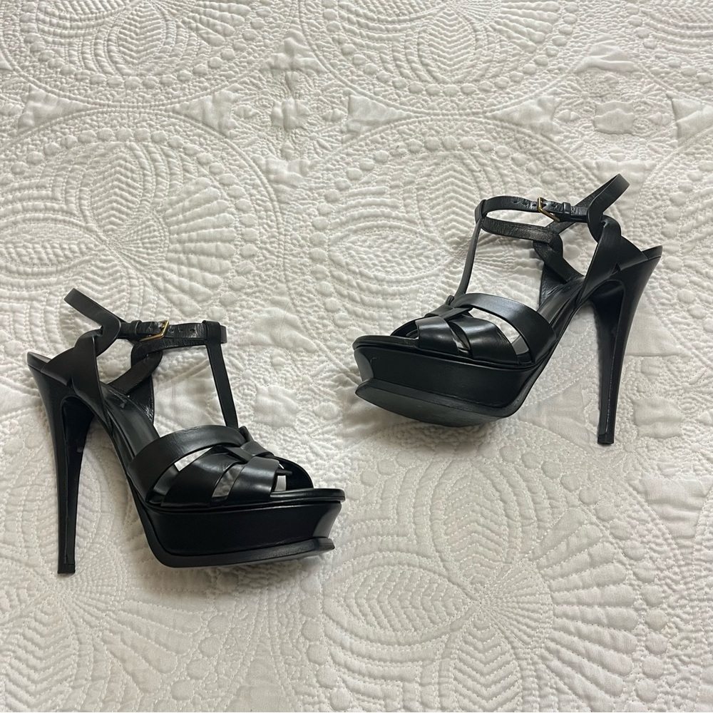 YVES SAINT LAURENT Tribute Heel Sandals Black Patent Leather 130mm Size 37.5 - Picture 9 of 12